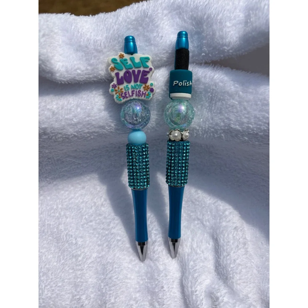 Handmade Beaded Pen Set Self Love Charm Rhinestone Grip Blue Ink 2 Piece